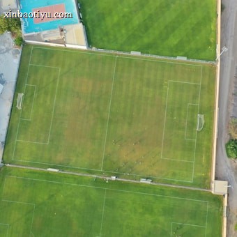 An aerial view of a sports complex featuring multiple green grass fields, including football pitches with marked goalposts. Adjacent to the fields is a blue-roofed building and a smaller area with a tennis or basketball court. Surrounding the complex, there's a road lined with trees and a dirt area with sparse vegetation.