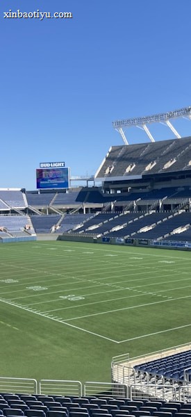 A large, empty sports stadium with blue seats surrounding a well-maintained green grass field. Bright sunlight creates clear shadows, and there are two goal posts on opposite ends of the field. A big electronic scoreboard displays some graphics, and the sky is clear and blue.